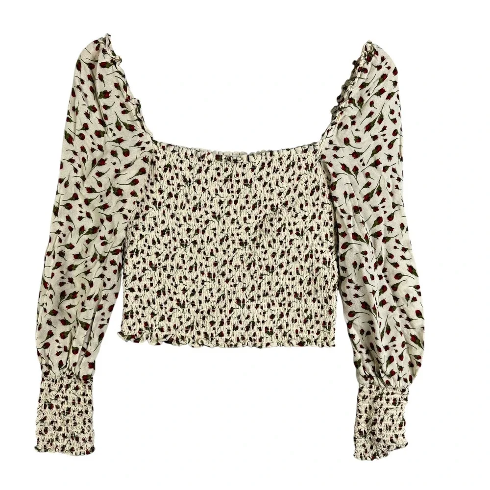 Reformation pinto rose print top Marion Square Neck Puff Sleeve Crop smocked M